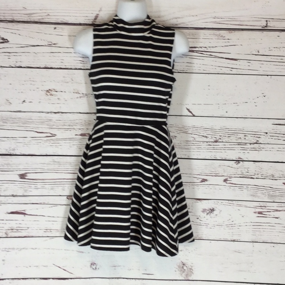 Black and White Striped high Neck Skater Dress
